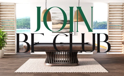 Pool table in a gameroom with a large window in the background and the words over the image 'join bf club'